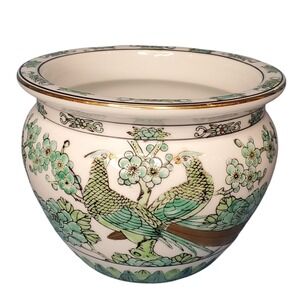 Gold Imari Hand Painted Ceramic Cachepot Planter Pot Birds Floral Gold Rim